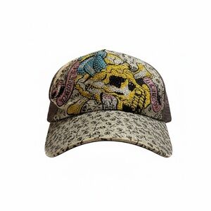 Vintage Ed Hardy Beige Trucker Hat with SilverYellow Skull and Pink/Blue Accents